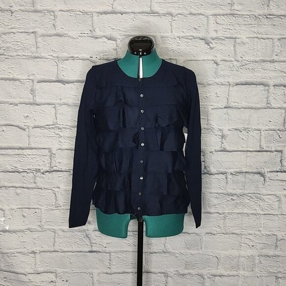 Nwt Boo Gemes women's navy blue wool tiered ruffle cardigan Sz M - Picture 1 of 8